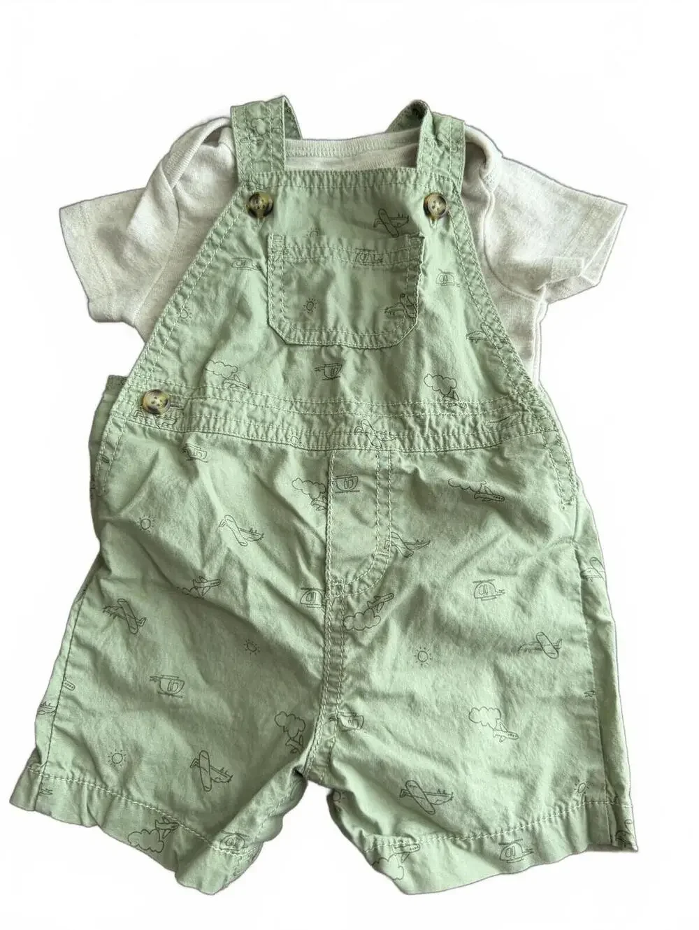 Baby Green Airplane Short Overalls with Gray Bodysuit Set 6-9M
